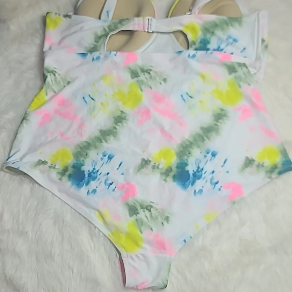 Old Navy Tie-Dye One-Piece Swimsuit - White with Pink & Blue Accents